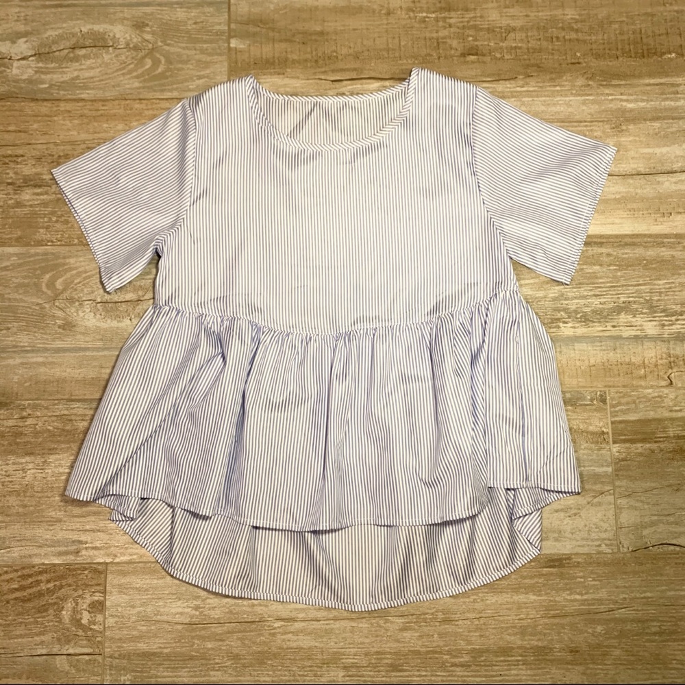 Pinstriped Peplum Short Sleeve Summer Blouse